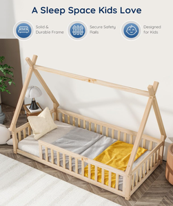 <span class=keywords><strong>โครง</strong></span>เตียงแบบตั้งพื้นพร้อมราวกั้นและหลังคา เตียงเต็นท์ไม้สำหรับเด็ก เด็กหญิง และเด็กชาย ลายธรรมชาติ - Product Image 5