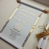 Carte d'invitation de mariage personnalisée à faible MOQ avec boîte et pompon, cartes d'invitation de mariage uniques à défilement avec texte personnalisé