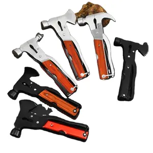 Punho De Madeira Dobrável Aço Inoxidável Camping Outdoor Survival Equipamento Multipurpose Multi-Tool Machado Martelo