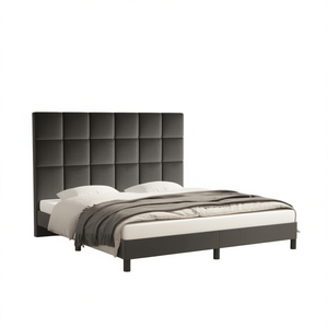 โครงเตียงแบบเต็มขนาดทันสมัย พร้อมหัวเตียงหุ้มกำมะหยี่สีเทาเข้ม ดีไซน์เตียงนุ่มสบาย ทนทาน - Product Image 1