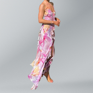 Nouvelles Arrivées 2026 : Robe Longue Décontractée Femme Personnalisée OEM, Bretelles Fines, Col en V, Volants, Fente Haute, Imprimé Floral - Product Image 2