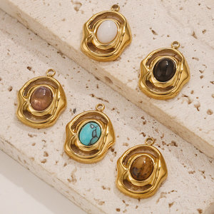 Pendentifs ovales en pierre naturelle en acier inoxydable plaqué or 18 carats pour la fabrication de bijoux DIY |   Turquoise, Œil de tigre, Améthyste, Quartz, Onyx - Product Image 4