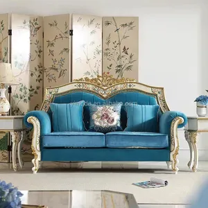 Europese Luxe Massief Hout Gesneden Bank Franse Villa Goud Folie Stof Bank Woonkamer Houten Jacquard Blauwe Stof Sofa Ontwerpen