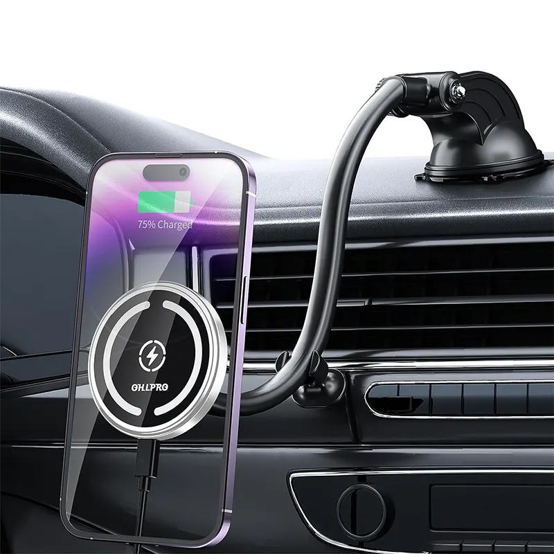 IPhoneシリーズ用グースネックロングアームサクションカップ付きの新しいフロントガラスダッシュボード磁気カーマウントワイヤレス充電器
