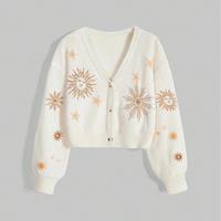 Cardigan en tricot brodé pour femme, automne-hiver, avec boutons, imprimé soleil et lune, manches longues, ouvert sur le devant, vêtement d'extérieur chaud