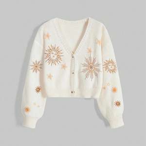 Cardigan in <span class=keywords><strong>Maglia</strong></span> da Donna Autunno Inverno <span class=keywords><strong>con</strong></span> Ricamo, Motivo Sole Luna, Maniche a Lanterna, Scollo a V - Product Image 1