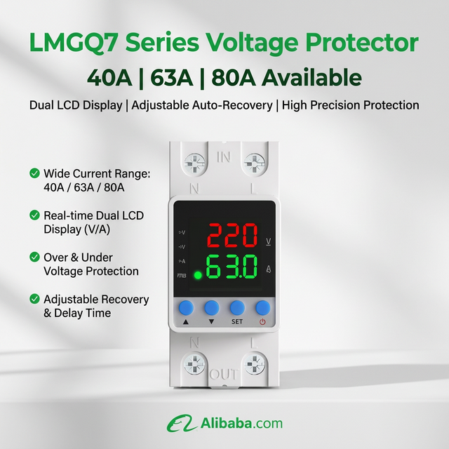 LMGQ7 Series Single Phase 40A 63A 80A Dual Display Voltage Protector Adjustable Auto-Recovery DIN Rail Voltage Protection Relay