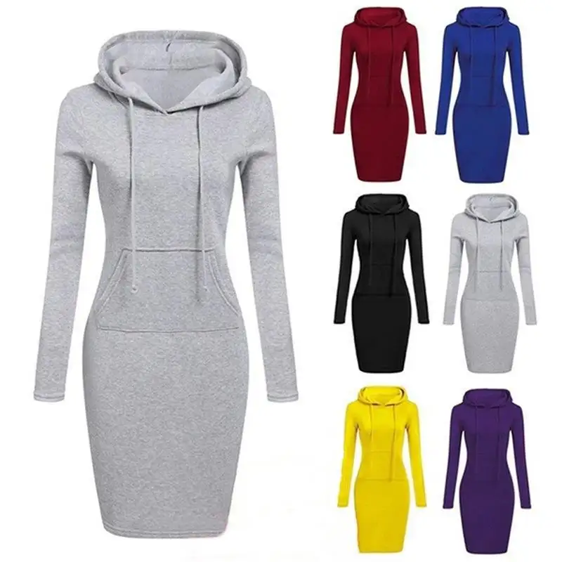 Women Stylish Street Wear Girl's Knee Length Bodycon Slim Hoodie Dress with Patch Pocket