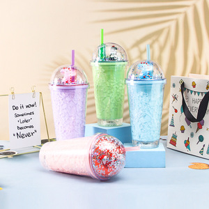 Trendy 450ml Four-Color Pastel Cartoon Dinosaur Double Wall <b>Plastic</b> Straw Cup with Confetti Glitter Decor Dome Lid for Kawaii - Product Image 6