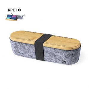 Trousse de bureau promotionnelle écologique personnalisable avec logo, corps en feutre PET, couvercle en bambou, support de téléphone et fonction règle - Product Image 2