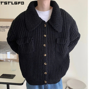 Oem Odm Shawl Collar <b>Knit</b> <b>Cardigan</b> Men <b>Black</b> <b>Chunky</b> Rib Oversized Boxy Patch Pocket Streetwear Men'S Sweaters Manufacturers Bulk - Product Image 2