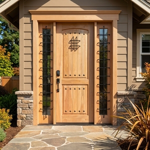 Porte d'entrée rustique sud-ouest en teck massif et bois d'acajou avec grilles en fer forgé et panneaux latéraux assortis - Product Image 3