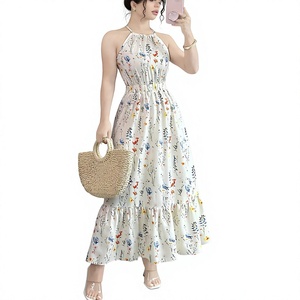 Women Floral Print Double-Layer Neck Shoulder Maxi <b>Dress</b> Bohemia Style Chiffon Modern Eco-Friendly Comfortable Summer Beach - Product Image 1