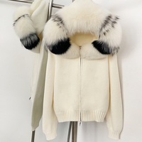 OFTBUY Cardigan en tricot avec col en vraie fourrure de renard pour femme, veste pull zippée à capuche en fourrure amovible, manteau d'hiver ample et oversize