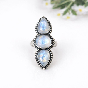 Triple Rainbow Moonstone <b>Statement</b> <b>Ring</b> in 925 Sterling <b>Silver</b> Three Stone Artisan Boho Gemstone Jewelry for Everyday Wear - Product Image 3