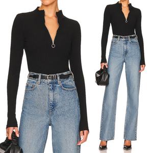 Pull décontracté en maille côtelée à manches longues, col montant, fermeture demi-zip, coupe ajustée extensible pour femme - Product Image 5