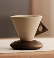 Ensemble tasse et soucoupe à cappuccino en grès de 250 ml, forme en entonnoir, réutilisable, personnalisable, mug à expresso, thé au lait avec base en bois