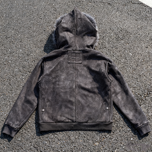 メンズ用 カスタムメイド 100%コットン ファーフーディー、取り外し可能なフェイクファー付き、カスタマイズ ジップアップ ヘビーウェイト 500gsm ダメージ加工 フェイクファー パーカー - Product Image 3