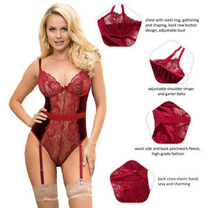 빠른 배달 레이스 벨벳 쉬어 크로스 스트랩 바디 수트 가터 스냅 가랑이 여성 플러스 사이즈 테디 란제리 4xl 5xl <span class=keywords><strong>6xl</strong></span> - Product Image 6