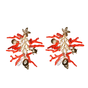 Fashion <b>Drop</b> <b>Earrings</b> 316L Stainless Steel PVD Gold Plating Sustainable Resistant <b>Red</b> Coral Design Starfish Turtle Shell Charm - Product Image 2