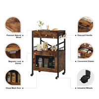 Chariot de bar à 3 niveaux en gros pour la maison, la cuisine, la station café, la table, le buffet, le meuble de rangement, le chariot avec porte en MDF, meuble de chambre à coucher