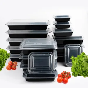 16oz 24oz 32oz 38oz đưa ra hình chữ nhật màu đen vòng nhựa dùng một lần microwavable bữa ăn chuẩn bị container thực phẩm