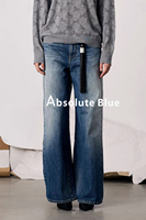 Jean ample vintage bleu foncé pour femme, taille haute, longueur ras du sol, avec accessoires de qualité supérieure