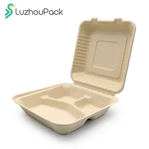1500ml 3 Compartment Microwavable Leakproof Biodegradable Food Containers Bagasse Paper Bento Take Away Lunch Box Disposable