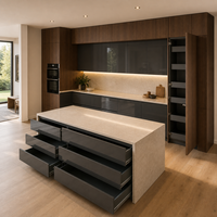 Meubles de cuisine sur mesure à finition ultra brillante avec îlot de rangement sans poignées et garde-manger pleine hauteur pour maisons modernes