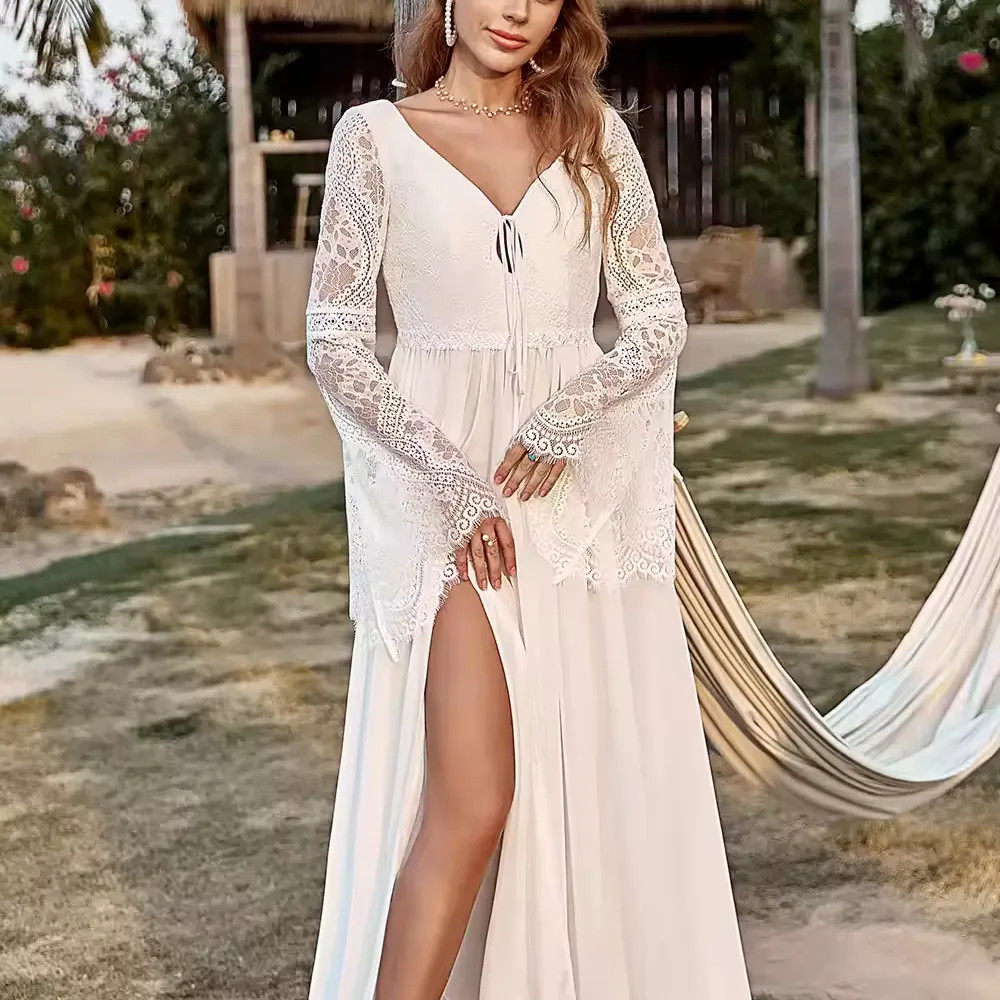 Mily Bridal asbh014 bãi biển Cover-up voan dài tay áo ren v-cổ Phong Cách Bohemian Wedding Dress đối với phụ nữ