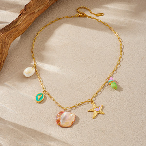 Trendy Gold Plated Starfish Conch Shell Pendant Necklace With Colorful Pebble For Women Party Jewelry - Product Image 3
