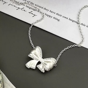S925 Sterling Silver <b>Bow</b> Necklace 405cm Chain Length Bezel Setting <b>Gift</b> for Women Elegant Collarbone Chain Minimalist Style - Product Image 1