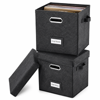 Cajas de Almacenamiento Negras con Tapas, Asas Metálicas y Ranura para Etiquetas, Contenedores Plegables para Discos de Vinilo, Archivos y Organización de Oficina