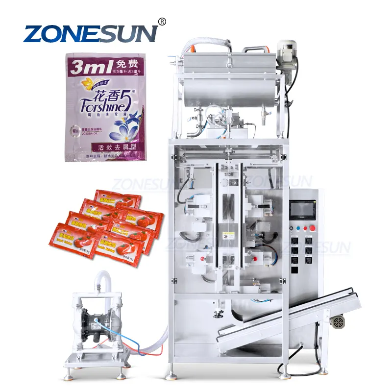 Zonesun ZS-FS500Y-2 Volautomatische Dubbelbaans Servomotor 4 Zijden Afdichting Ketchup Pasta Honing Saus Sachet Vulling Sluitmachine