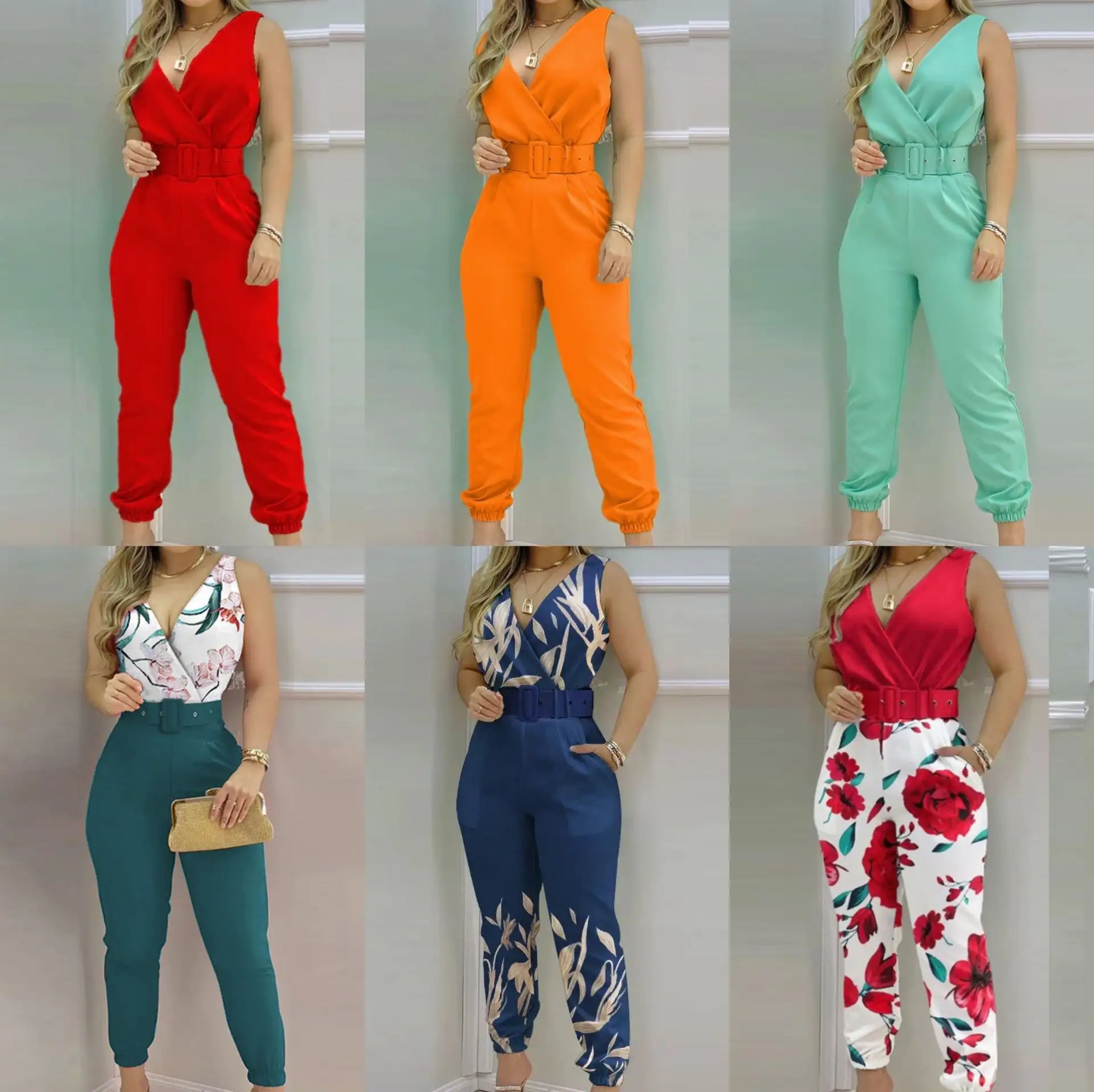 XY1012 2022 New Arrivals V-neck High Waist Backless Printed Jumpsuit Women Summer Jumpsuits With Belt