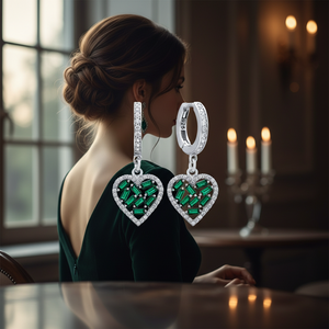 <b>Emerald</b> Stone Baguette Heart Design Wholesale Earring Turkish 925 Sterling Silver for Ladies Jewelry - Product Image 3