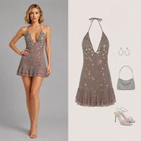 Robe Courte Femme Sexy Grise Dos Nu Halter pour Soirée, Club ou Plage