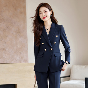 Women's Suit Set Black Double Breasted Blazer Pants Office Lady Formal Wear Spring Autumn Anti-Wrinkle Polyester Fabric - Product Image 3