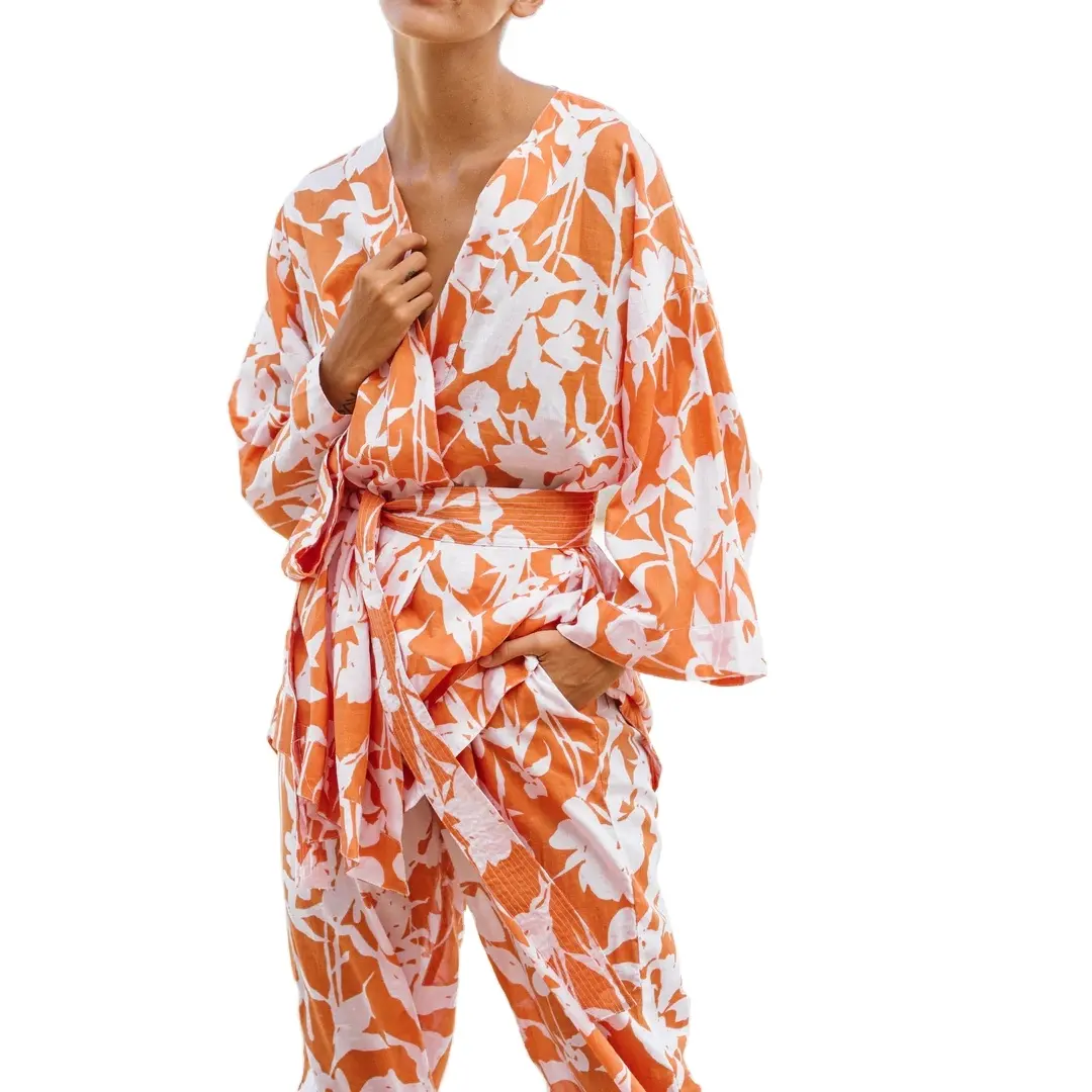 New Arrival Woman Two Piece Set Custom Print Floral Kimono Top Cotton Long Pants Women Kimono Set