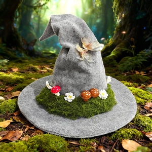 Sombrero de Bruja Luling Yaoyao, Talla Única, Fieltro Gris con Hongos y Flores, para Disfraces y Fiestas - Product Image 1