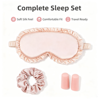 Kit Masque de Sommeil en Soie Satinée à Volants Bloquant la Lumière, Masque pour les Yeux, Chouchou pour Cheveux, Bouchons d'Oreilles en Mousse pour Voyage, Sommeil Nocturne, Cadeau pour Femme
