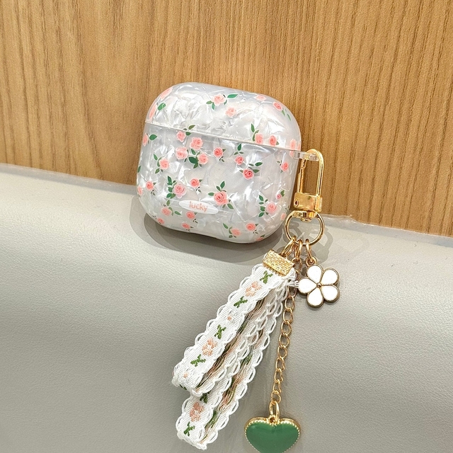 Sweet Fresh Pink Rose Floral Shell Pattern Lace Heart Pendant Earphone Cover Case for 1 2 Pro 2 Pro 3