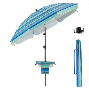 Desain kustom payung luar ruangan 7 kaki 8 baja rusuk sombrilla pelindung matahari ukuran besar lipat payung matahari luar ruangan dengan nampan meja untuk pantai