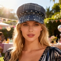 Gorras de Estilo Newsboy a Cuadros Azul Marino al por Mayor, con Pedrería Brillante, para Fiestas y Conciertos, para Chicas