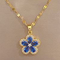 Romantique femmes plaqué or en acier inoxydable cinq feuilles fleur collier boucles d'oreilles ensemble exquis Zircon pendentif mariages fêtes