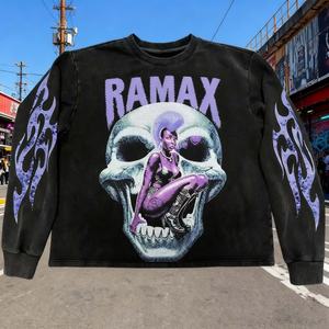 Camiseta Gráfica RAMAX con Logotipo Personalizado de Fábrica, Estampado en Serigrafía, Bolsillo, Estilo Vintage, Lavado Desgastado, Manga Larga para Hombre, 100% Algodón/Bambú - Product Image 1