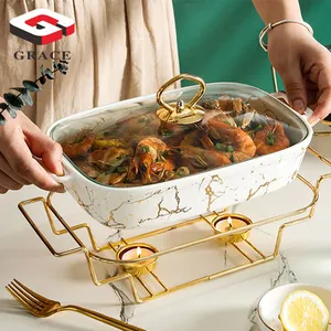 preto prato escoriações Suppliers-Prato de cerâmica dourado com tampa de vidro, conjunto aquecedor de comida para uso doméstico
