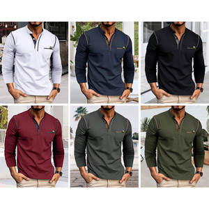 Camisas de Polo de manga larga personalizadas al por mayor camisas de cuello Henley de algodón y poliéster con patrón sólido informal - Product Image 2