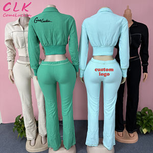 Comeluckin Wafel Gebreide Vrouwen Set Fall Custom Logo 2 Stuks Gym Wear Jogging Rits Jas Uitlopende Broek Trainingspak - Product Image 3