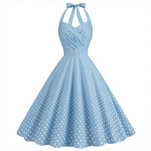 Blue Polka Dot Halter Maxi <b>Dress</b> Vintage <b>Rockabilly</b> Party <b>Dress</b> for Women - Product Image 3